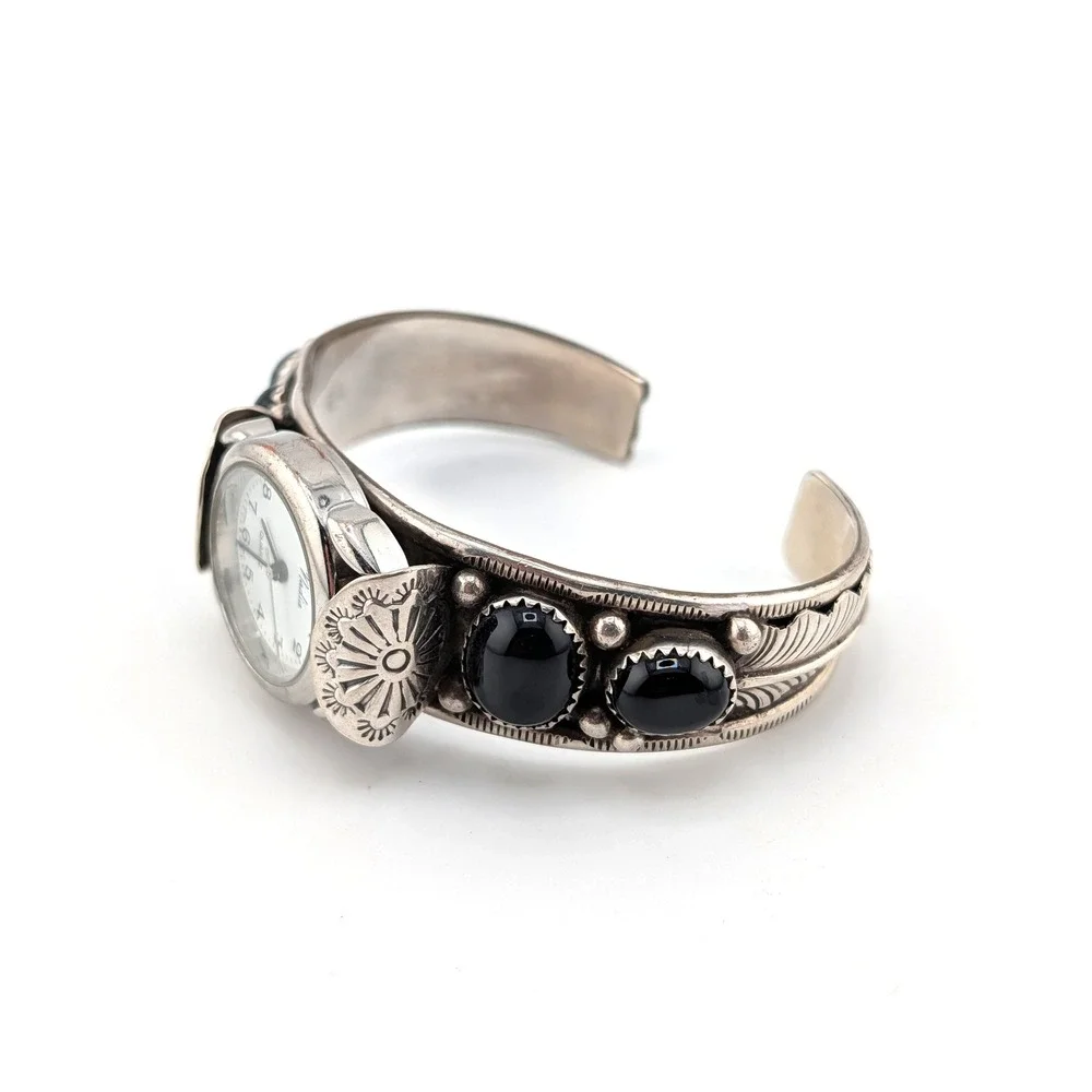 Vintage Navajo Jet Black Stone Cuff Bracelet Handmade Watch Accessory Sz 6.5 **